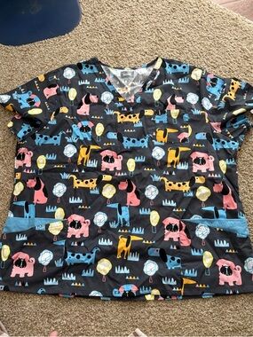 Women’s scrub top - Colorful Dog Print (Black)